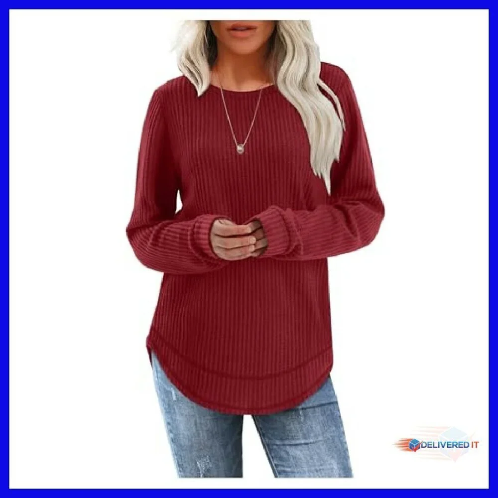 Waffle Knit Tunic Top Long Sleeve Crewneck Curved Hem Loose Fit